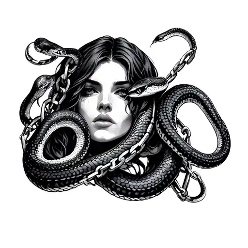woman's face and snakes with chains tattoo design idea