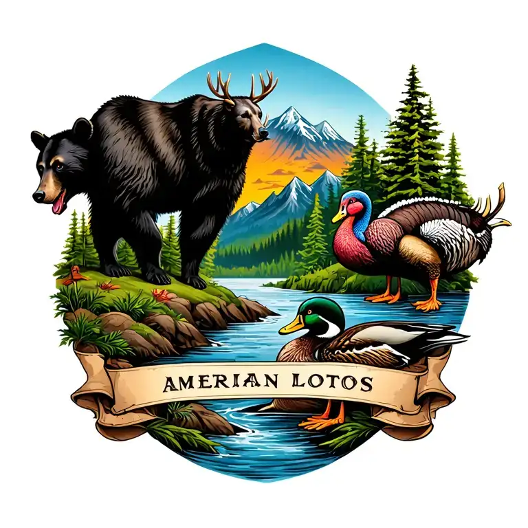 american traditional back tattoo, no banner, with mountains, a river, a black bear, turkey, elk, raccoon, mallard ducks tattoo design idea