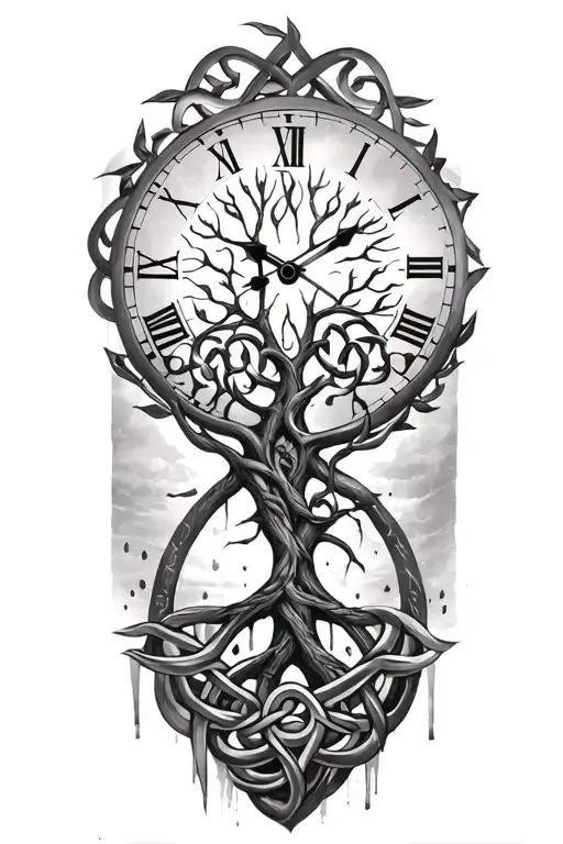 celtic tree of life clock surrounded by celtic knot tattoo design idea