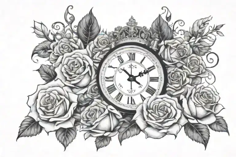 sleeve of clocks with roses and crowns next to them with a Greek look  tattoo design idea