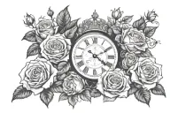 sleeve of clocks with roses and crowns next to them with a Greek look  tattoo design idea