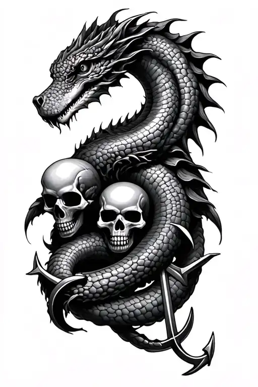 Sea Serpent wrapped around anchor with skulls tattoo design idea