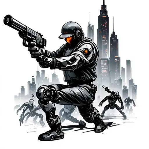 A cyberpunk-inspired tattoo of a gun-wielding electrician battling against robotic enemies in a neon-lit cityscape tattoo design idea