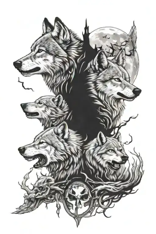 two adults wolves and 3 cubs full moon, dark with skulls tattoo design idea