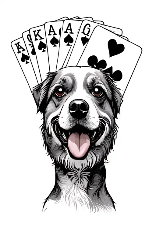 A dog honding a hand of playing cards with it's paws tattoo design idea