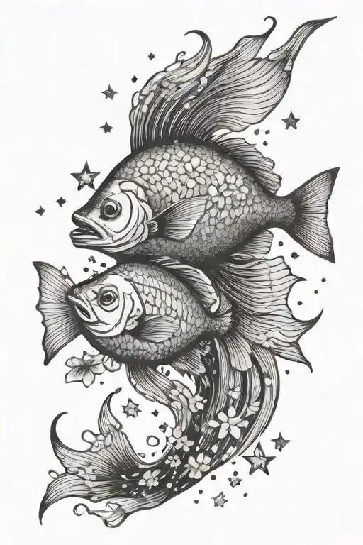  fish swimming among blooming flowers, stars or moon blending love for nature both ange and evil sides and  healing tattoo design idea