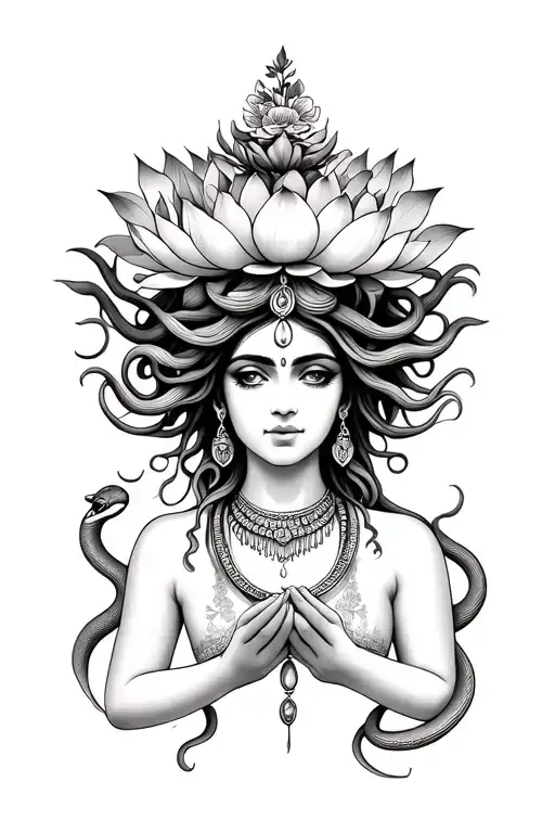  a Medusa offering a lotus with her hands. Indian inspired and features flowers and jewelry, with 1 tear and 5 snakes.  tattoo design idea
