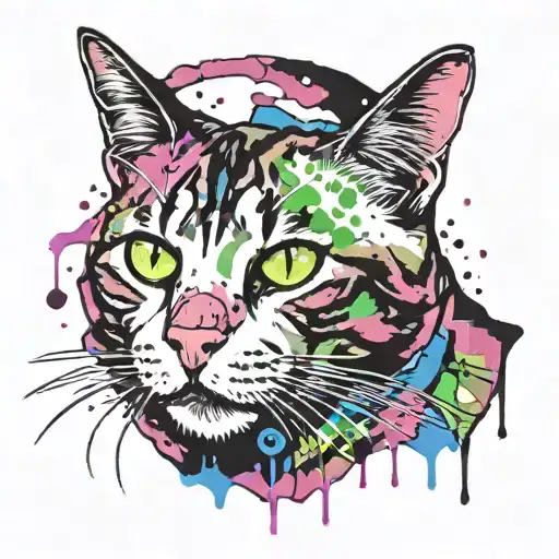 Skinny female tabby cat portrait, blue black green purple pink white, spot on face, Pop art, artistic, splatter paint. tattoo design idea
