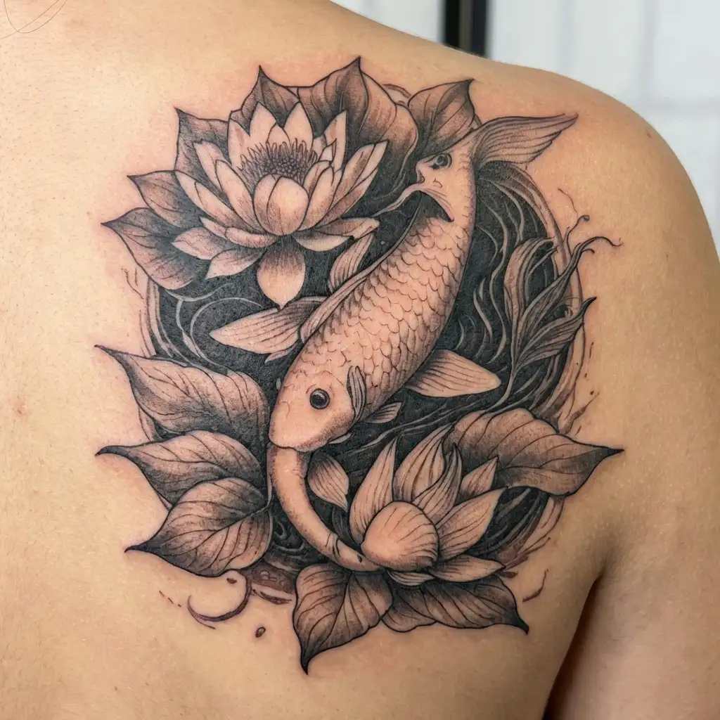 koi fish surrounding lotus flower tattoo design idea