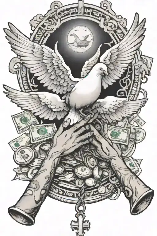 praying hands holding rosary and money with doves flying off  tattoo design idea