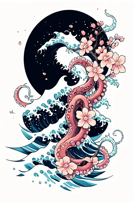 japaense water waves that have octopus tentacles wrapped around, cherry blossoms scattered around for upper half sleeve  tattoo design idea