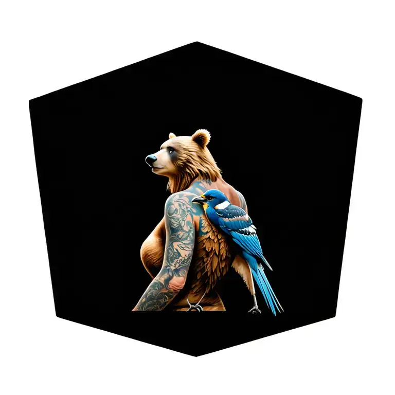 Create a photorealsitic image of a woman full back tattoo in a forest theme, featuring a bear, bobcat, blue jay, falcon, tattoo design idea