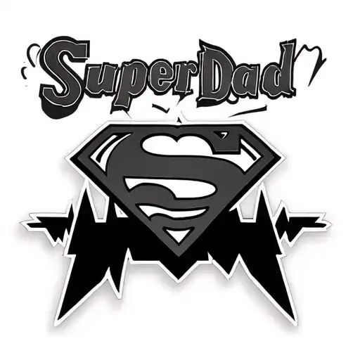Superman Logo with a Heart Beat going through the middle. SuperDad written on top of the superman symbol. in the style of Metallica tattoo design idea