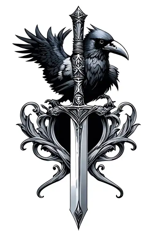 Fancy excalibur sword with king crow in the middle tattoo stencil tattoo design idea