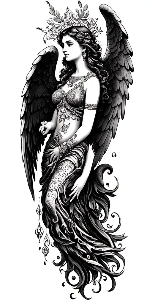 angel theme, very detailed black and white chicano style tattoo design idea