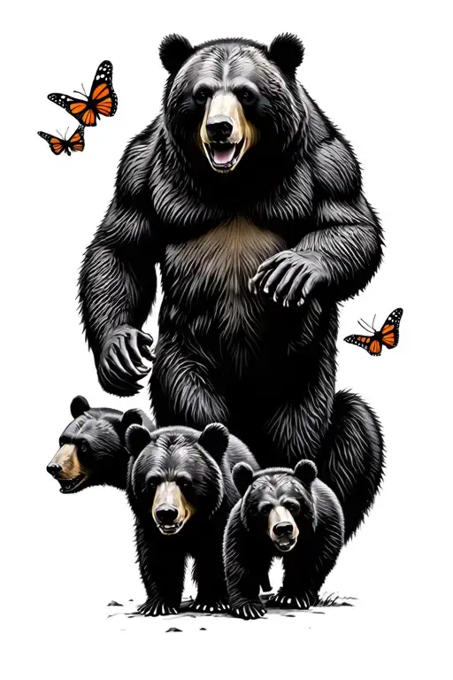 Papa bear and 3 black bear cubs and 2 monarch butterfly walking in the wilderness trees tattoo design idea