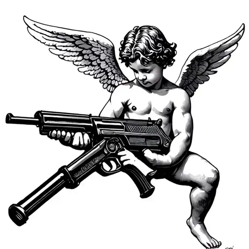 realistic cupid holding machine gun shooting up at the stars tattoo design idea