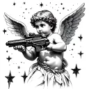 realistic cupid holding machine gun shooting up at the stars tattoo design idea