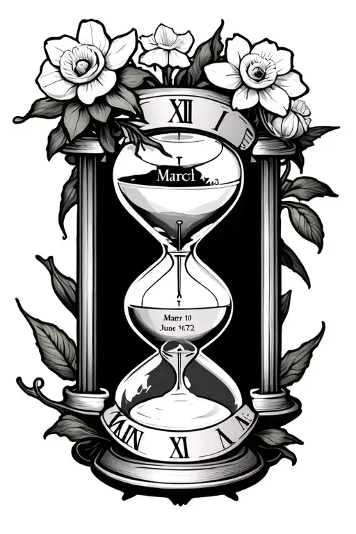 hour glass, daffodils, jonquils, rose surrounding, Roman numerals of March 10 1977 and June 12 2023 tattoo design idea