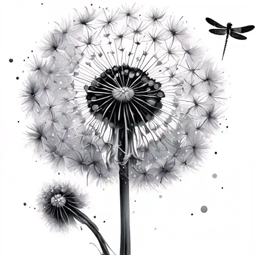 dandelion with a water colored dragonfly flying tattoo design idea