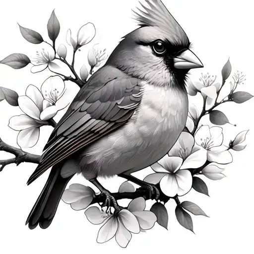 Female cardinal in dogwood trees and flowers growing tattoo design idea
