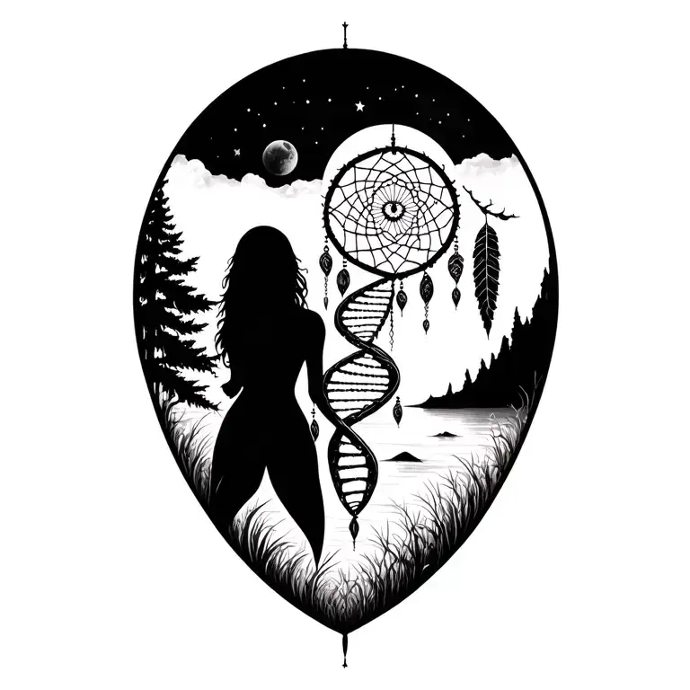 DNA, dream catcher, nature, moon Nordic mythology realistically detailed tattoo design idea