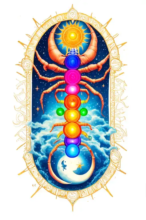 cancer zodiac incorporating the 7 chakras with astrology sign entangled with sun, moon and stars  tattoo design idea