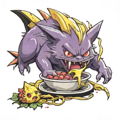 pokemon Gengar eating Pikachu snorting a line tattoo design idea