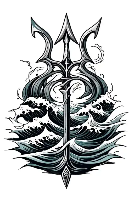 Poseidons Trident With Waves crashing tattoo design idea