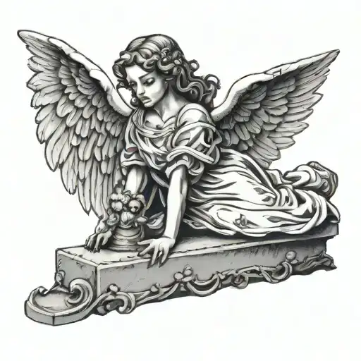 grave stone angel laying tattoo design idea