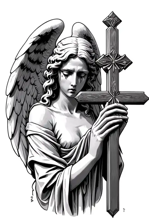 Weeping Angel holding a cross sheading tears staring at you tattoo design idea