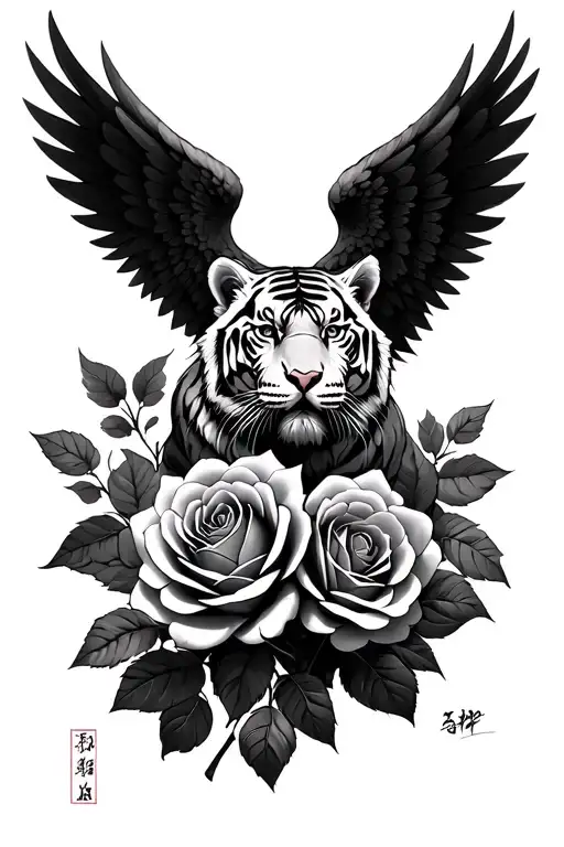 Historical warriors of tigers wings and fallen angels Japanese culture roses tattoo design idea
