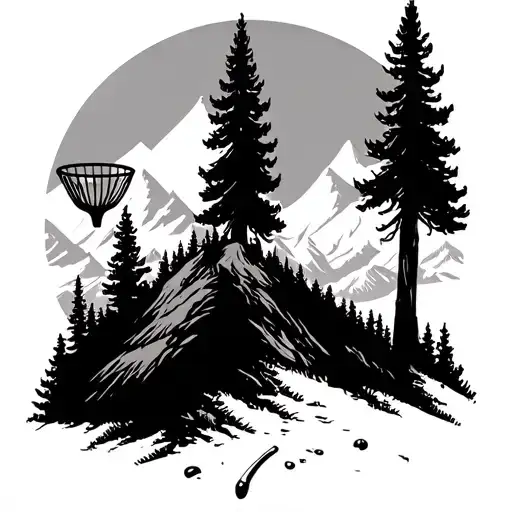disc golf basket in the mountains and trees tattoo design idea