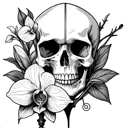 half skull, compass, and orchid tattoo design idea