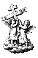 two little angels holding a cross and are surrounded by clouds, there is a banner floating between them tattoo design idea