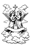 two little angels holding a cross and are surrounded by clouds, there is a banner floating between them tattoo design idea