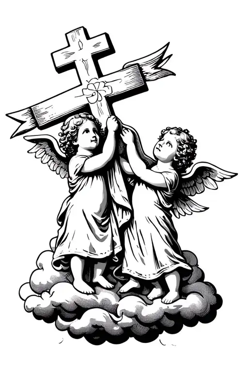 two little angels holding a cross and are surrounded by clouds, there is a banner floating between them tattoo design idea