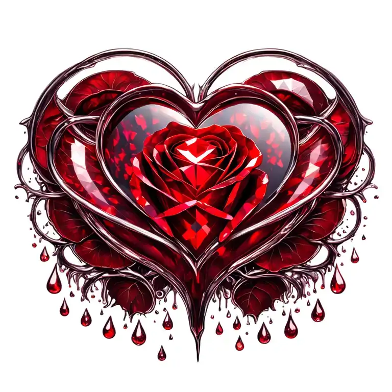 1 heart-shaped ruby red diamond in center, red rose, ovaries fallopian tubes uterus vagina, rain drops tattoo design idea