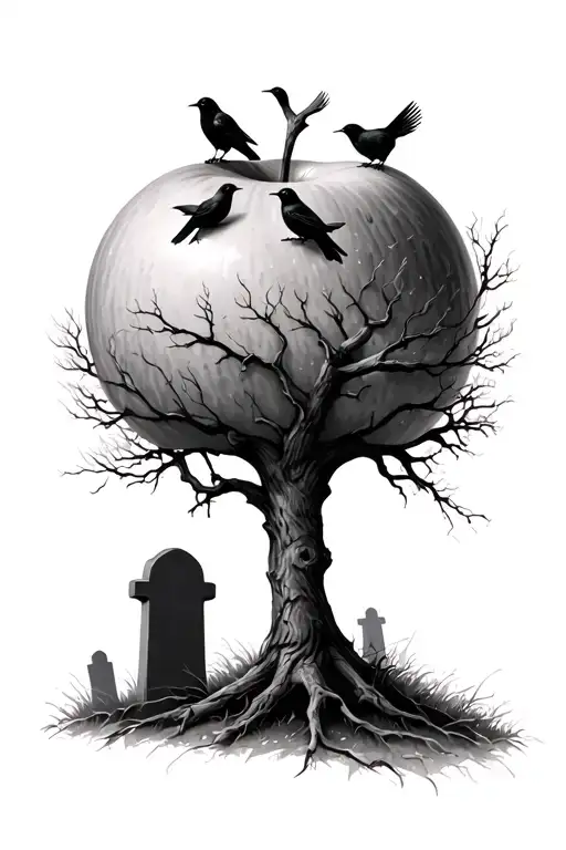 dead apple tree in graveyard with crows perched tattoo design idea