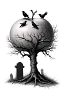 dead apple tree in graveyard with crows perched tattoo design idea
