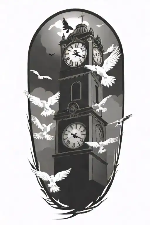 clock tower surrounded by doves flying tattoo design idea