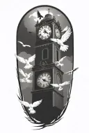 clock tower surrounded by doves flying tattoo design idea
