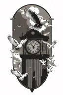 clock tower surrounded by doves flying tattoo design idea