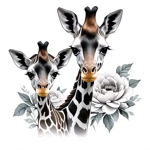 mom and baby giraffe black and white with peony's  tattoo design idea