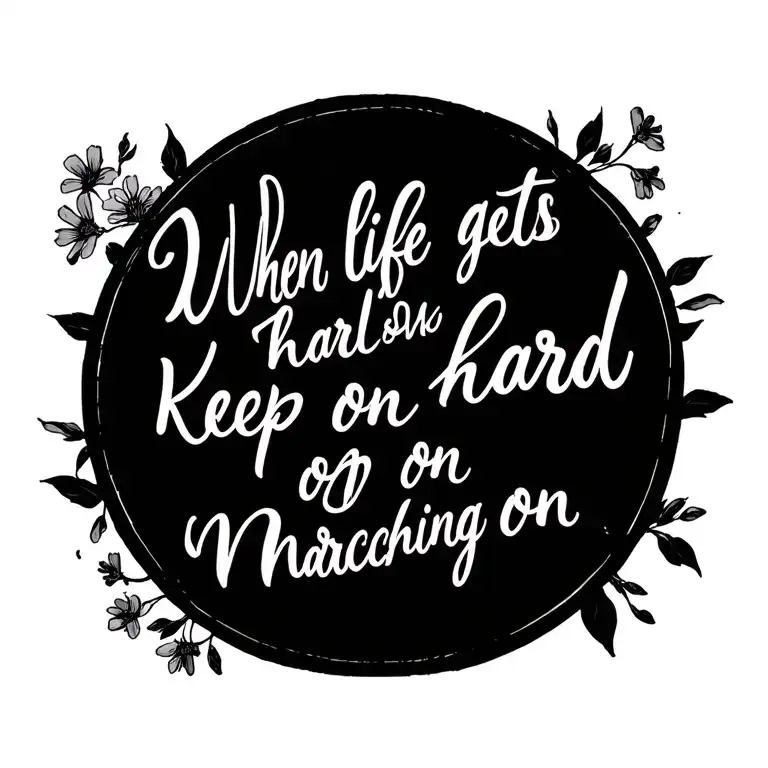 cursive writing saying when life gets hard keep on marching on with thin lined vices with flowers tattoo design idea