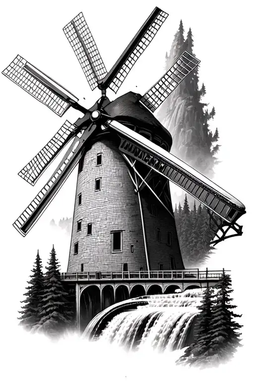 Multnomah falls, moulin rouge windmill, bullet train, bridge, forest tattoo design idea