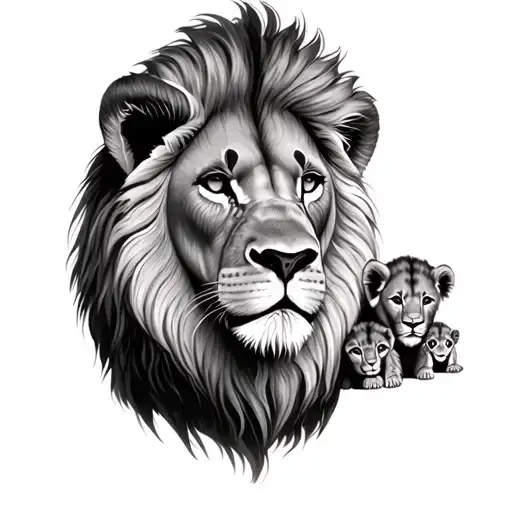 father lion with 3 cubs face only way tattoo design idea