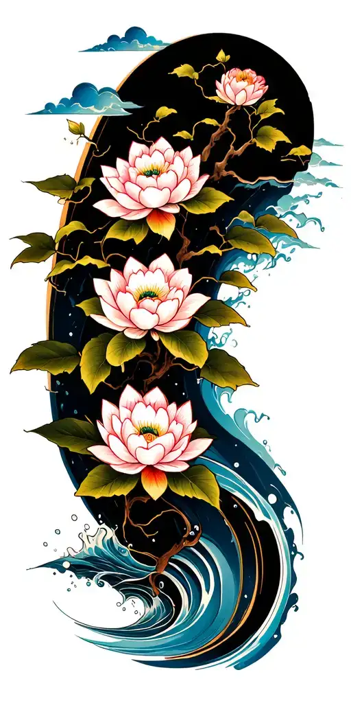jaoanese pattern, tree, splash, water, waves, lotus, sakura, clouds, whirlpool, leaves, peony, sunset tattoo design idea