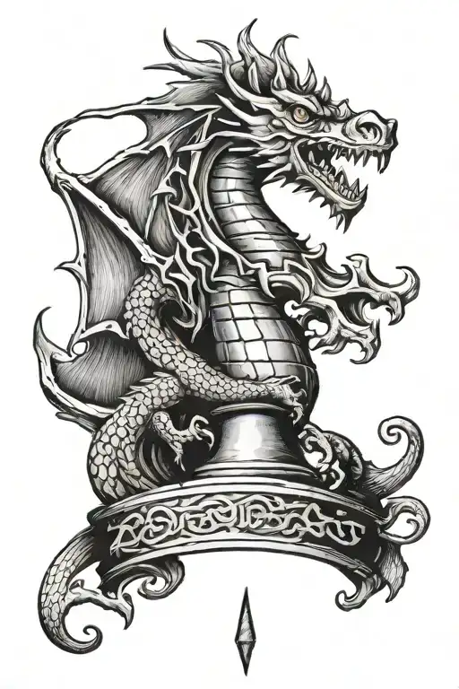 a dragon, a hillfort resembling a rook chess piece, roman letters engraved tattoo design idea