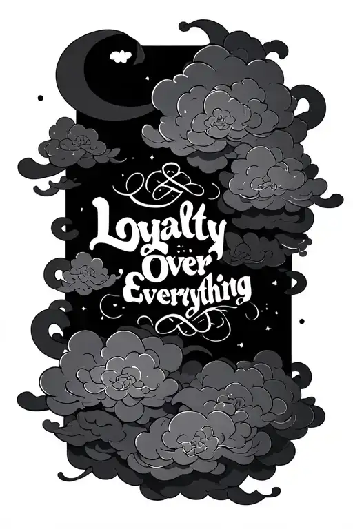 "Loyalty over everything " clouds surrounding, Japanese writing loyalty intertwined tattoo design idea